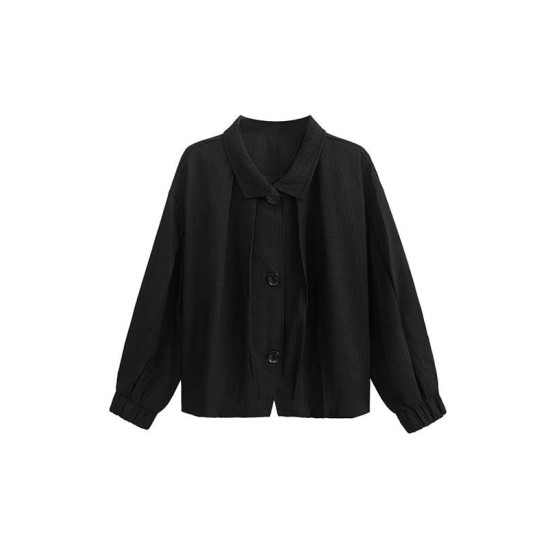 Buttoned Elasticity Pleated Long Sleeves Loose Stand Collar Outerwear Jackets Buttoned Elasticity Pleated Long Sleeves Loose Stand Collar Outerwear Jackets