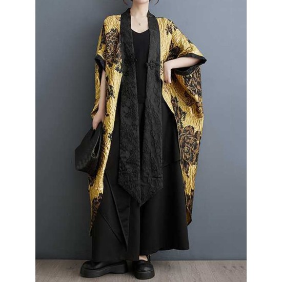 Flower-Embellished Chinese Frog Buttons Pleated Split-Joint Batwing Sleeves Loose V-Neck Outerwear Flower-Embellished Chinese Frog Buttons Pleated Split-Joint Batwing Sleeves Loose V-Neck Outerwear