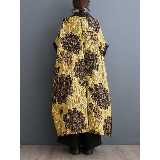 Flower-Embellished Chinese Frog Buttons Pleated Split-Joint Batwing Sleeves Loose V-Neck Outerwear Flower-Embellished Chinese Frog Buttons Pleated Split-Joint Batwing Sleeves Loose V-Neck Outerwear