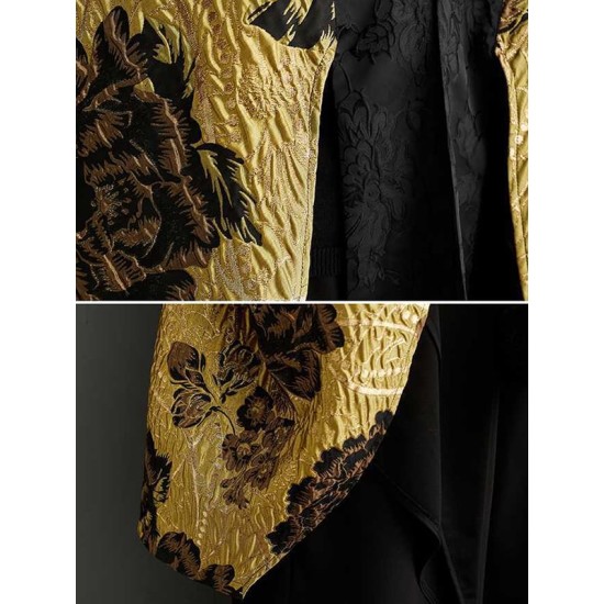 Flower-Embellished Chinese Frog Buttons Pleated Split-Joint Batwing Sleeves Loose V-Neck Outerwear Flower-Embellished Chinese Frog Buttons Pleated Split-Joint Batwing Sleeves Loose V-Neck Outerwear
