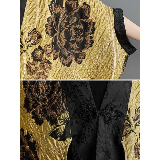 Flower-Embellished Chinese Frog Buttons Pleated Split-Joint Batwing Sleeves Loose V-Neck Outerwear Flower-Embellished Chinese Frog Buttons Pleated Split-Joint Batwing Sleeves Loose V-Neck Outerwear