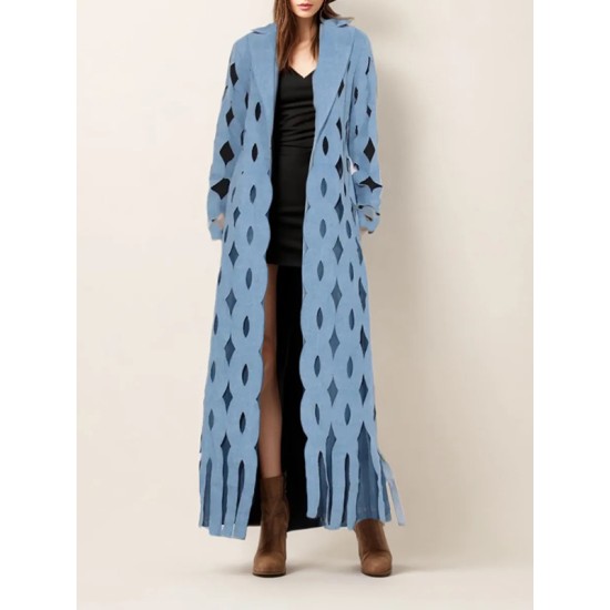 Hollow Solid Color Tasseled Long Sleeves Loose Notched Collar Denim Outerwear Hollow Solid Color Tasseled Long Sleeves Loose Notched Collar Denim Outerwear