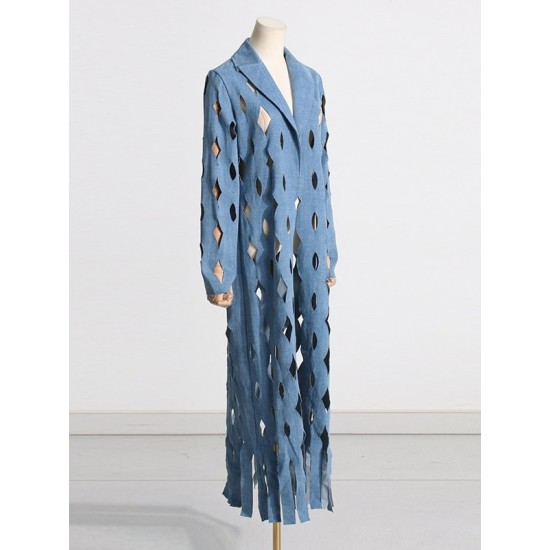 Hollow Solid Color Tasseled Long Sleeves Loose Notched Collar Denim Outerwear Hollow Solid Color Tasseled Long Sleeves Loose Notched Collar Denim Outerwear
