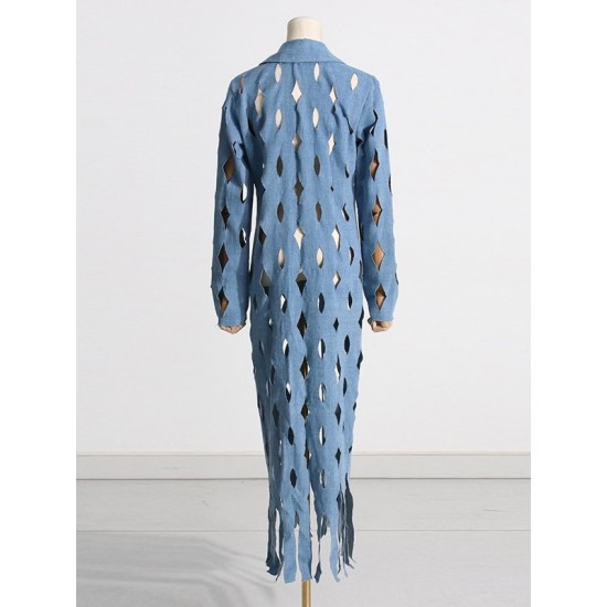 Hollow Solid Color Tasseled Long Sleeves Loose Notched Collar Denim Outerwear Hollow Solid Color Tasseled Long Sleeves Loose Notched Collar Denim Outerwear