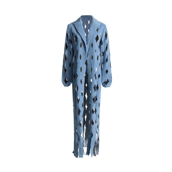 Hollow Solid Color Tasseled Long Sleeves Loose Notched Collar Denim Outerwear Hollow Solid Color Tasseled Long Sleeves Loose Notched Collar Denim Outerwear