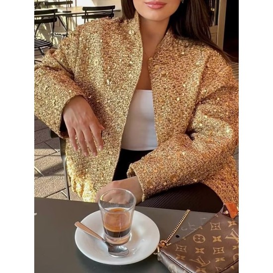 Elasticity Sequined Split-Joint Long Sleeves Loose Stand Collar Outerwear Elasticity Sequined Split-Joint Long Sleeves Loose Stand Collar Outerwear