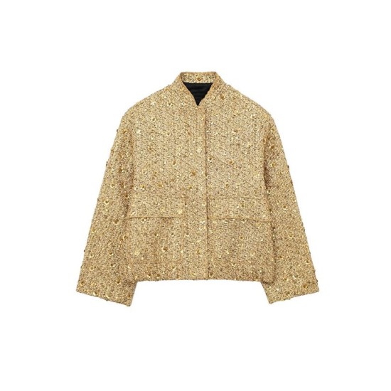 Elasticity Sequined Split-Joint Long Sleeves Loose Stand Collar Outerwear Elasticity Sequined Split-Joint Long Sleeves Loose Stand Collar Outerwear