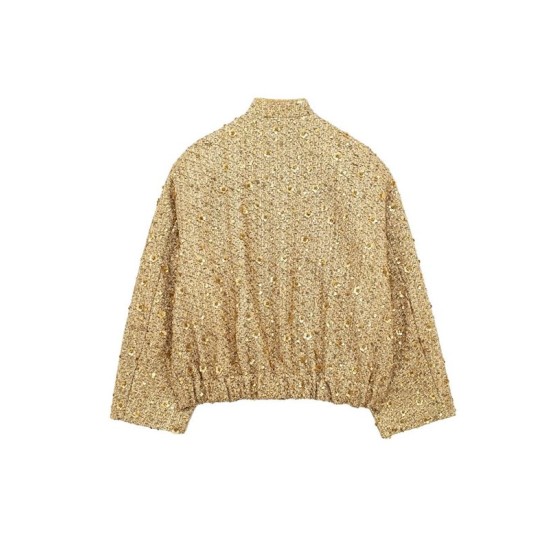 Elasticity Sequined Split-Joint Long Sleeves Loose Stand Collar Outerwear Elasticity Sequined Split-Joint Long Sleeves Loose Stand Collar Outerwear