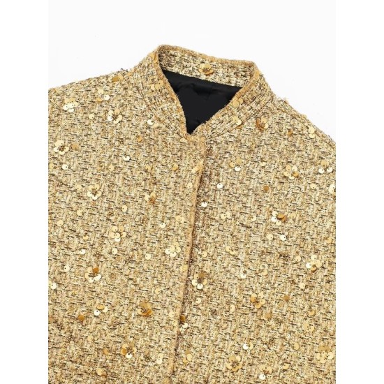 Elasticity Sequined Split-Joint Long Sleeves Loose Stand Collar Outerwear Elasticity Sequined Split-Joint Long Sleeves Loose Stand Collar Outerwear