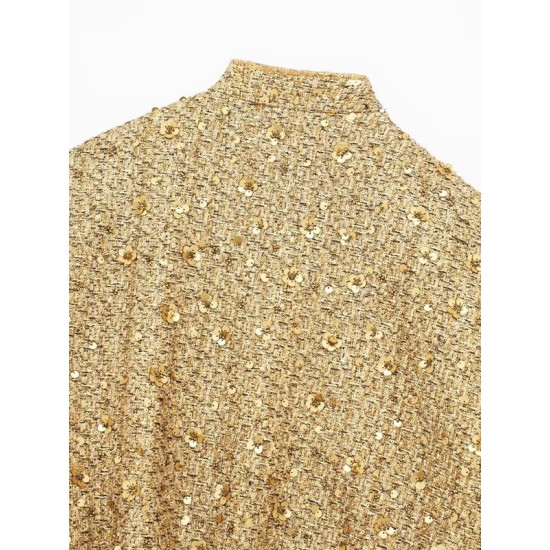 Elasticity Sequined Split-Joint Long Sleeves Loose Stand Collar Outerwear Elasticity Sequined Split-Joint Long Sleeves Loose Stand Collar Outerwear