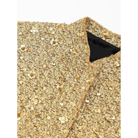 Elasticity Sequined Split-Joint Long Sleeves Loose Stand Collar Outerwear Elasticity Sequined Split-Joint Long Sleeves Loose Stand Collar Outerwear