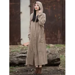 Long Sleeves Loose Solid Color Split-Joint Hooded Jackets&Coats Outerwear