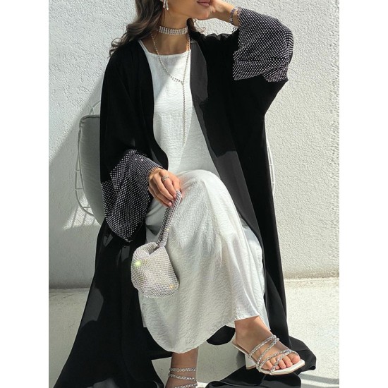 Muslim Rhine Stones Solid Color Split-Joint Loose Outerwear Cover-Ups Tops Muslim Rhine Stones Solid Color Split-Joint Loose Outerwear Cover-Ups Tops