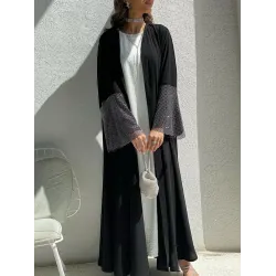 Muslim Rhine Stones Solid Color Split-Joint Loose Outerwear Cover-Ups Tops