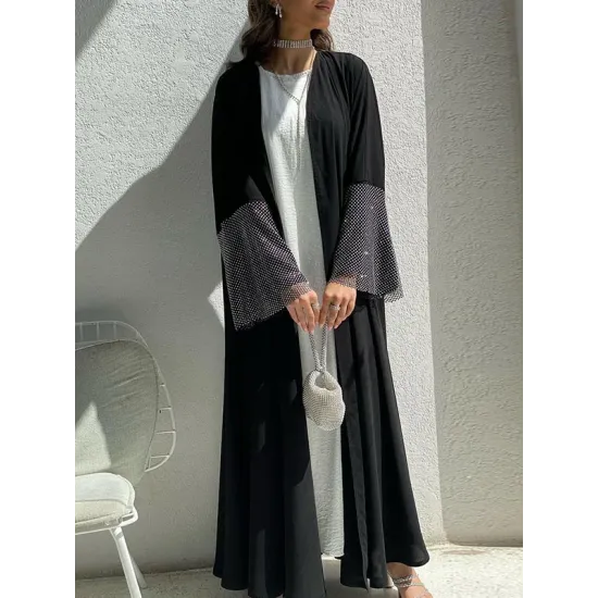 Muslim Rhine Stones Solid Color Split-Joint Loose Outerwear Cover-Ups Tops Muslim Rhine Stones Solid Color Split-Joint Loose Outerwear Cover-Ups Tops