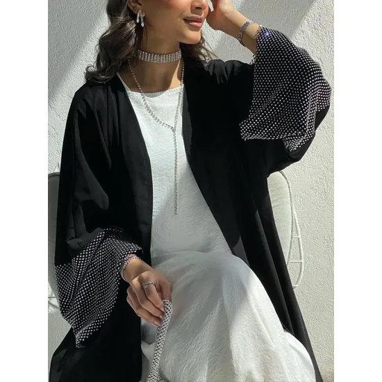 Muslim Rhine Stones Solid Color Split-Joint Loose Outerwear Cover-Ups Tops Muslim Rhine Stones Solid Color Split-Joint Loose Outerwear Cover-Ups Tops