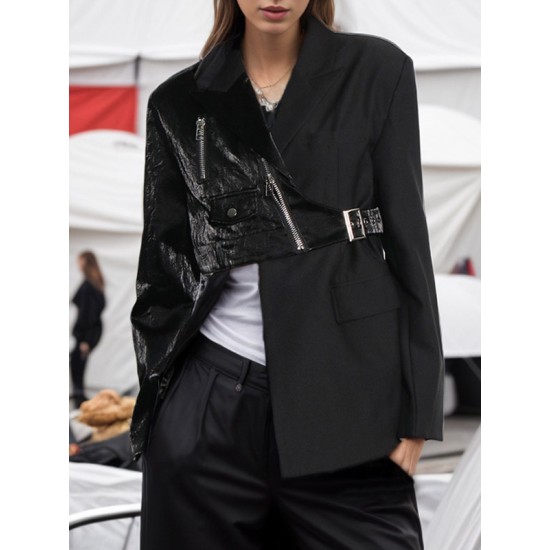Asymmetric Solid Color Split-Joint Zipper Irregularity Long Sleeves Notched Collar Outerwear Blazer Asymmetric Solid Color Split-Joint Zipper Irregularity Long Sleeves Notched Collar Outerwear Blazer