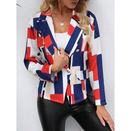 Buttoned Pockets Printed Long Sleeves Loose Notched Collar Outerwear Blazer Buttoned Pockets Printed Long Sleeves Loose Notched Collar Outerwear Blazer