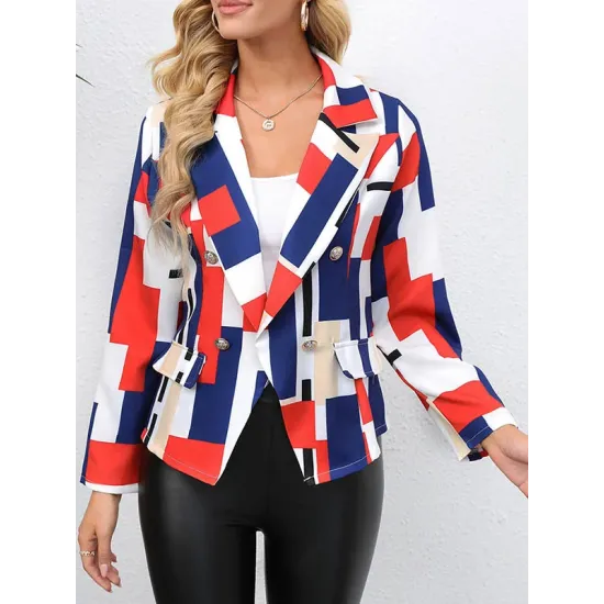 Buttoned Pockets Printed Long Sleeves Loose Notched Collar Outerwear Blazer Buttoned Pockets Printed Long Sleeves Loose Notched Collar Outerwear Blazer