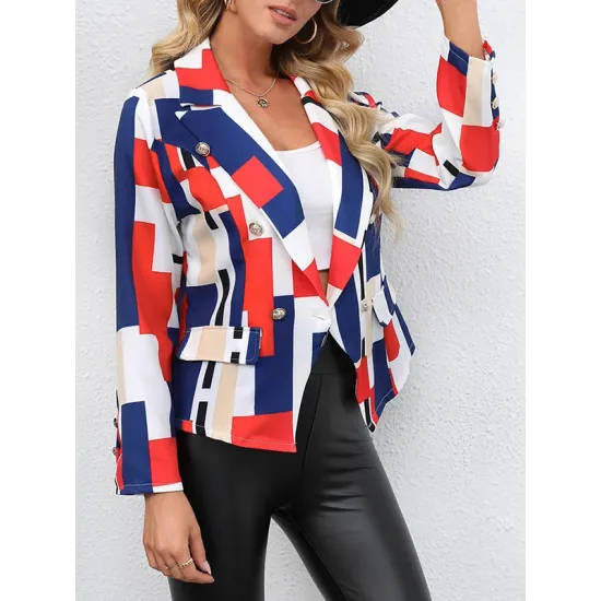 Buttoned Pockets Printed Long Sleeves Loose Notched Collar Outerwear Blazer Buttoned Pockets Printed Long Sleeves Loose Notched Collar Outerwear Blazer
