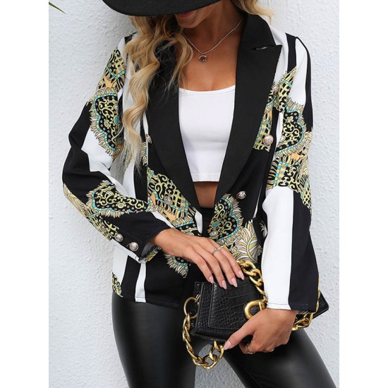 Buttoned Pockets Printed Long Sleeves Loose Notched Collar Outerwear Blazer Buttoned Pockets Printed Long Sleeves Loose Notched Collar Outerwear Blazer