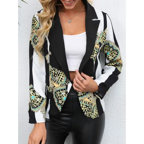 Buttoned Pockets Printed Long Sleeves Loose Notched Collar Outerwear Blazer Buttoned Pockets Printed Long Sleeves Loose Notched Collar Outerwear Blazer
