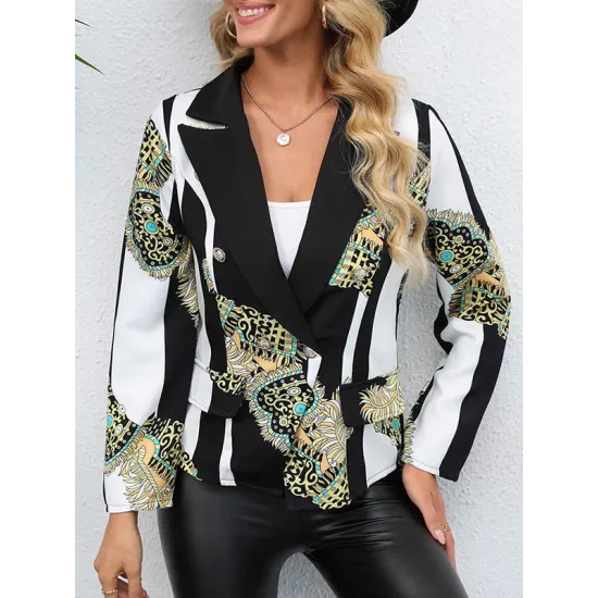 Buttoned Pockets Printed Long Sleeves Loose Notched Collar Outerwear Blazer Buttoned Pockets Printed Long Sleeves Loose Notched Collar Outerwear Blazer