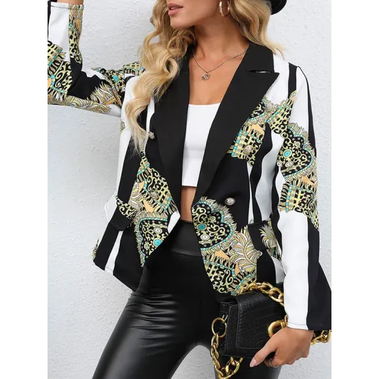 Buttoned Pockets Printed Long Sleeves Loose Notched Collar Outerwear Blazer Buttoned Pockets Printed Long Sleeves Loose Notched Collar Outerwear Blazer