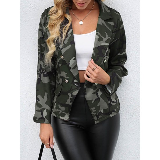 Buttoned Camouflage Pockets Long Sleeves Loose Notched Collar Outerwear Blazer Buttoned Camouflage Pockets Long Sleeves Loose Notched Collar Outerwear Blazer