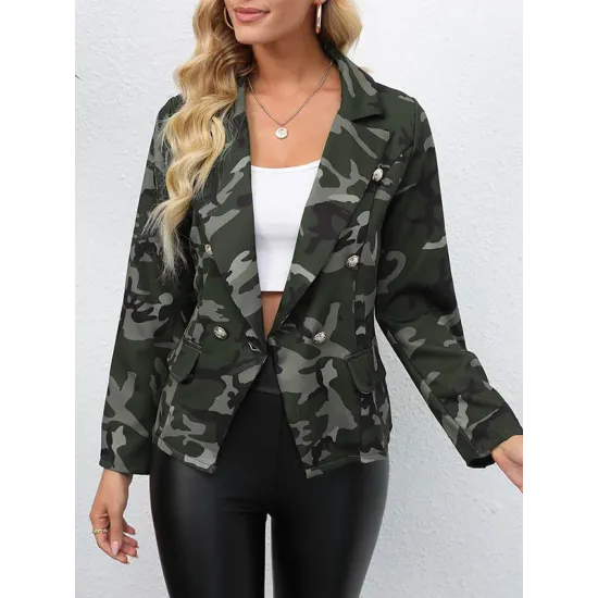 Buttoned Camouflage Pockets Long Sleeves Loose Notched Collar Outerwear Blazer Buttoned Camouflage Pockets Long Sleeves Loose Notched Collar Outerwear Blazer