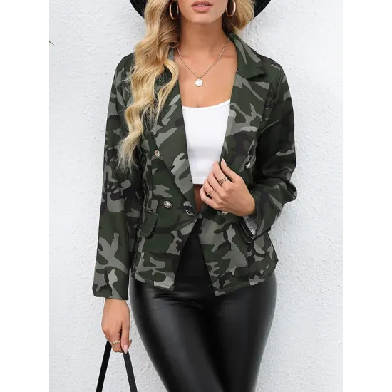 Buttoned Camouflage Pockets Long Sleeves Loose Notched Collar Outerwear Blazer Buttoned Camouflage Pockets Long Sleeves Loose Notched Collar Outerwear Blazer