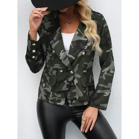 Buttoned Camouflage Pockets Long Sleeves Loose Notched Collar Outerwear Blazer Buttoned Camouflage Pockets Long Sleeves Loose Notched Collar Outerwear Blazer