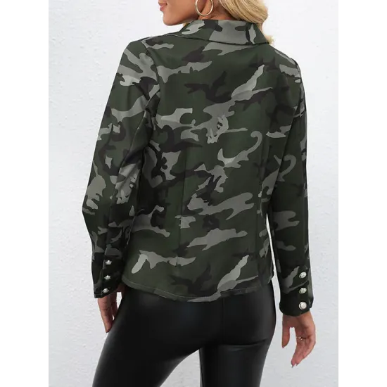 Buttoned Camouflage Pockets Long Sleeves Loose Notched Collar Outerwear Blazer Buttoned Camouflage Pockets Long Sleeves Loose Notched Collar Outerwear Blazer