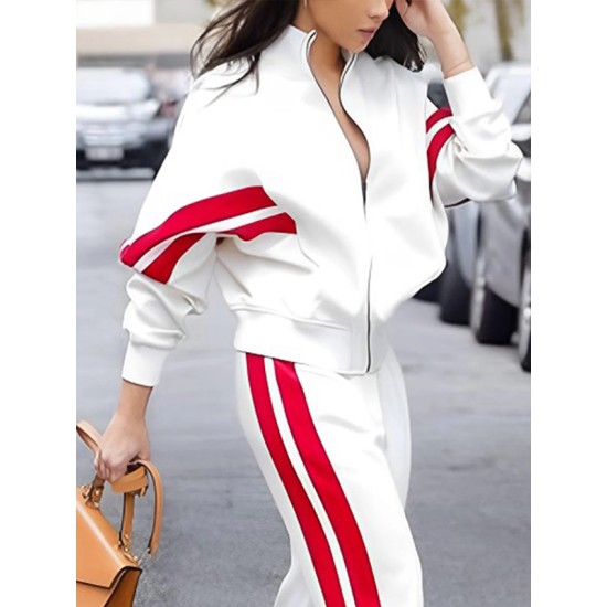 Long Sleeves Loose Split-Joint Striped Zipper Stand Collar Jackets Outerwear Long Sleeves Loose Split-Joint Striped Zipper Stand Collar Jackets Outerwear