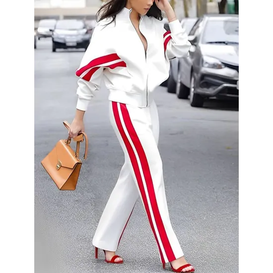 Long Sleeves Loose Split-Joint Striped Zipper Stand Collar Jackets Outerwear Long Sleeves Loose Split-Joint Striped Zipper Stand Collar Jackets Outerwear