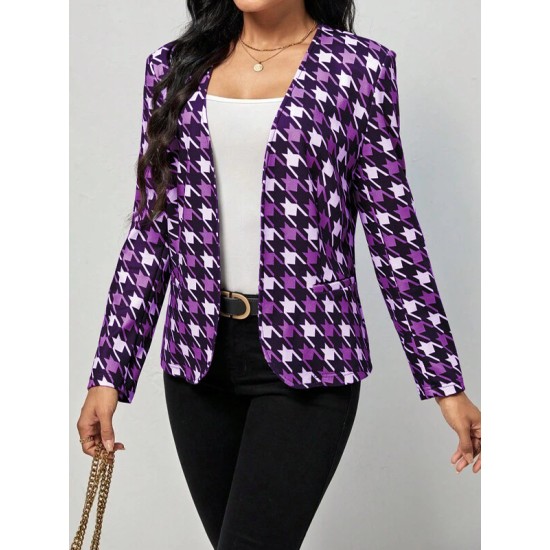 Houndstooth Pockets Long Sleeves Loose V-neck Outerwear Blazer Houndstooth Pockets Long Sleeves Loose V-neck Outerwear Blazer