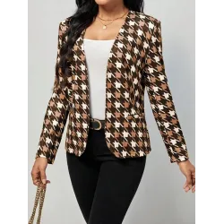 Houndstooth Pockets Long Sleeves Loose V-neck Outerwear Blazer