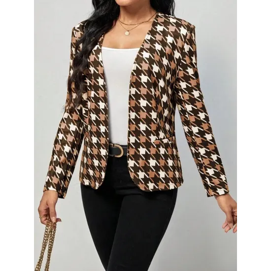Houndstooth Pockets Long Sleeves Loose V-neck Outerwear Blazer Houndstooth Pockets Long Sleeves Loose V-neck Outerwear Blazer