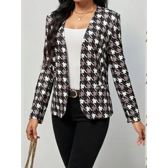 Houndstooth Pockets Long Sleeves Loose V-neck Outerwear Blazer Houndstooth Pockets Long Sleeves Loose V-neck Outerwear Blazer