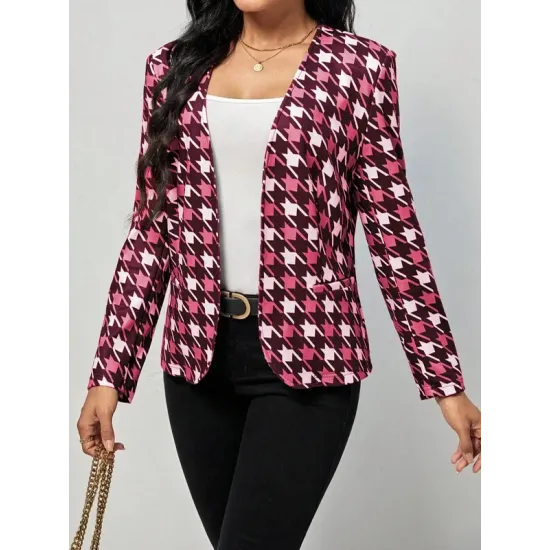 Houndstooth Pockets Long Sleeves Loose V-neck Outerwear Blazer Houndstooth Pockets Long Sleeves Loose V-neck Outerwear Blazer