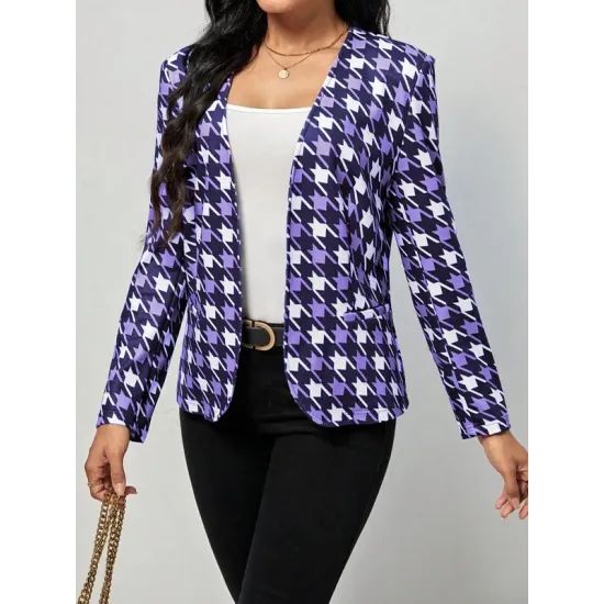 Houndstooth Pockets Long Sleeves Loose V-neck Outerwear Blazer Houndstooth Pockets Long Sleeves Loose V-neck Outerwear Blazer