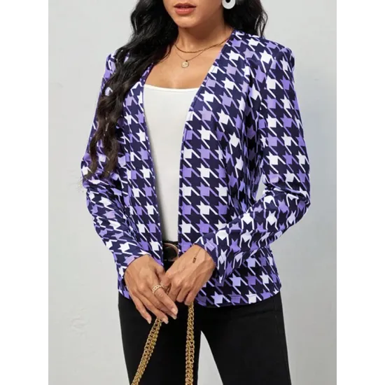 Houndstooth Pockets Long Sleeves Loose V-neck Outerwear Blazer Houndstooth Pockets Long Sleeves Loose V-neck Outerwear Blazer