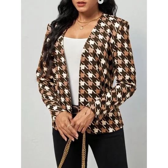 Houndstooth Pockets Long Sleeves Loose V-neck Outerwear Blazer Houndstooth Pockets Long Sleeves Loose V-neck Outerwear Blazer