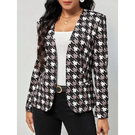 Houndstooth Pockets Long Sleeves Loose V-neck Outerwear Blazer Houndstooth Pockets Long Sleeves Loose V-neck Outerwear Blazer