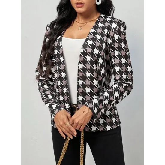 Houndstooth Pockets Long Sleeves Loose V-neck Outerwear Blazer Houndstooth Pockets Long Sleeves Loose V-neck Outerwear Blazer