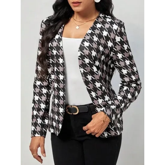 Houndstooth Pockets Long Sleeves Loose V-neck Outerwear Blazer Houndstooth Pockets Long Sleeves Loose V-neck Outerwear Blazer