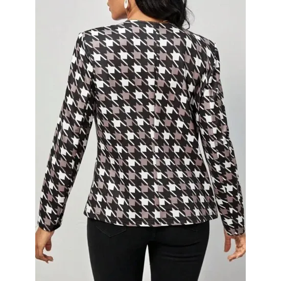 Houndstooth Pockets Long Sleeves Loose V-neck Outerwear Blazer Houndstooth Pockets Long Sleeves Loose V-neck Outerwear Blazer