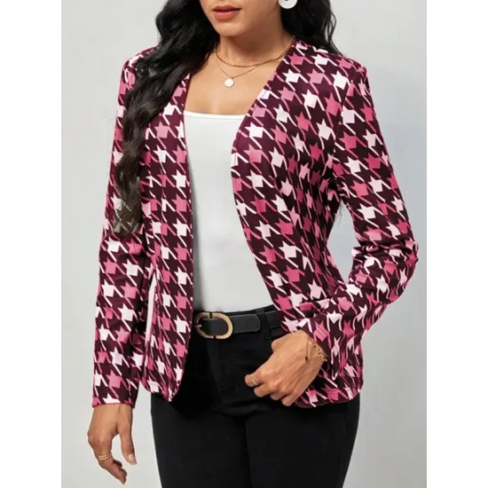 Houndstooth Pockets Long Sleeves Loose V-neck Outerwear Blazer Houndstooth Pockets Long Sleeves Loose V-neck Outerwear Blazer