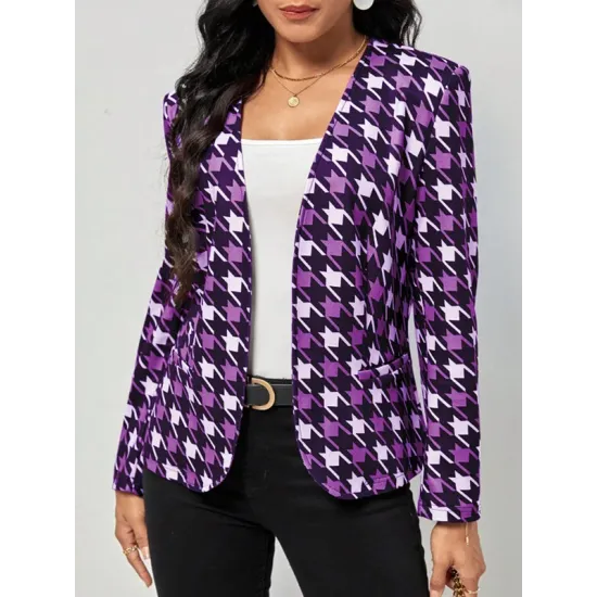 Houndstooth Pockets Long Sleeves Loose V-neck Outerwear Blazer Houndstooth Pockets Long Sleeves Loose V-neck Outerwear Blazer