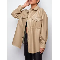 Buttoned Pockets Long Sleeves Loose Lapel Outerwear Jackets